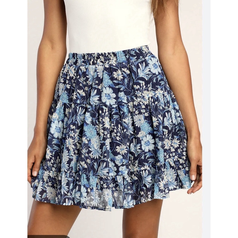 Lulus Petal Power Blue Floral Print Tiered Mini Skirt Smocked Waist Ruffle Small